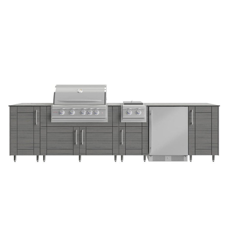 WeatherStrong Nassau Dark Ash outdoor kitchen island layout with Blaze grill, side burner and refrigerator