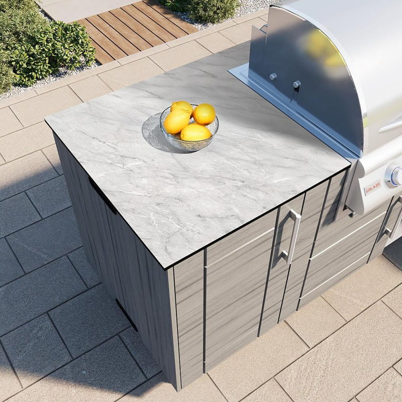 WeatherStrong Glacier Frost countertop edge detail on Dark Ash outdoor kitchen island