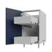 WeatherStrong outdoor cabinet with door open showing full-extension stainless drawer interior