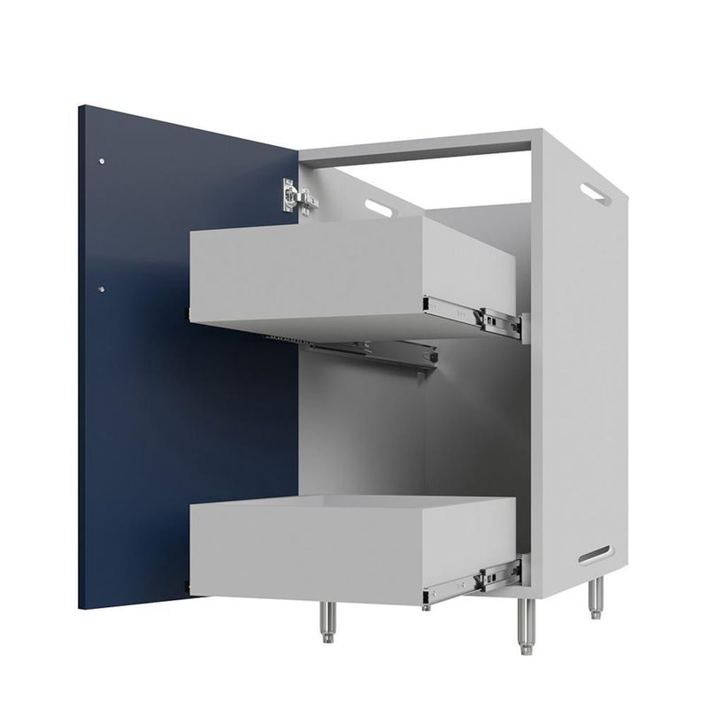 WeatherStrong outdoor cabinet with door open showing full-extension stainless drawer interior