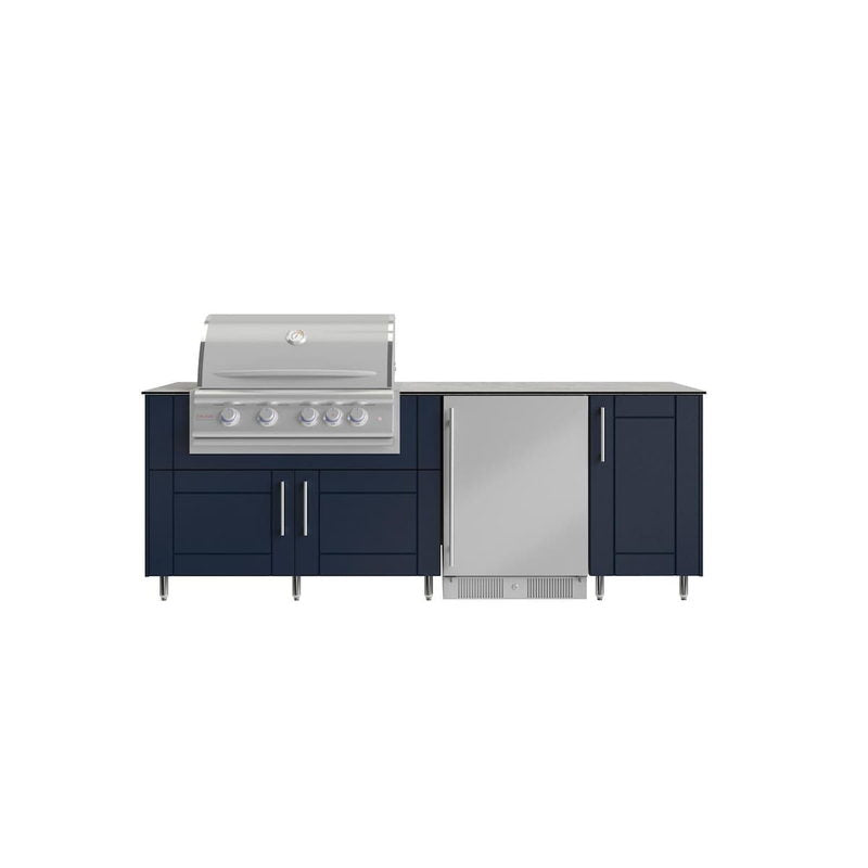 WeatherStrong Bimini Sapphire Blue outdoor kitchen island with Blaze grill, refrigerator and storage cabinets