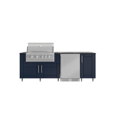WeatherStrong Bimini 7 1/2 Ft outdoor kitchen island in Sapphire Blue with Blaze LTE+ grill and refrigerator