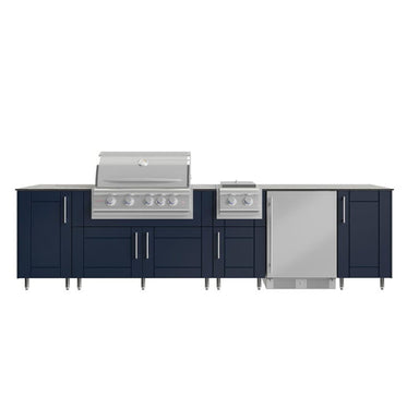 WeatherStrong Nassau 10 1/2 Ft outdoor kitchen island in Sapphire Blue with Blaze LTE+ grill, side burner and refrigerator