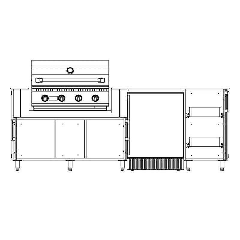 WeatherStrong Bimini outdoor kitchen island line drawing with Blaze grill, refrigerator and storage cabinet