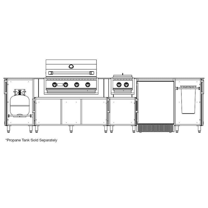 WeatherStrong Nassau outdoor kitchen island line drawing with Blaze grill, refrigerator and propane tank storage