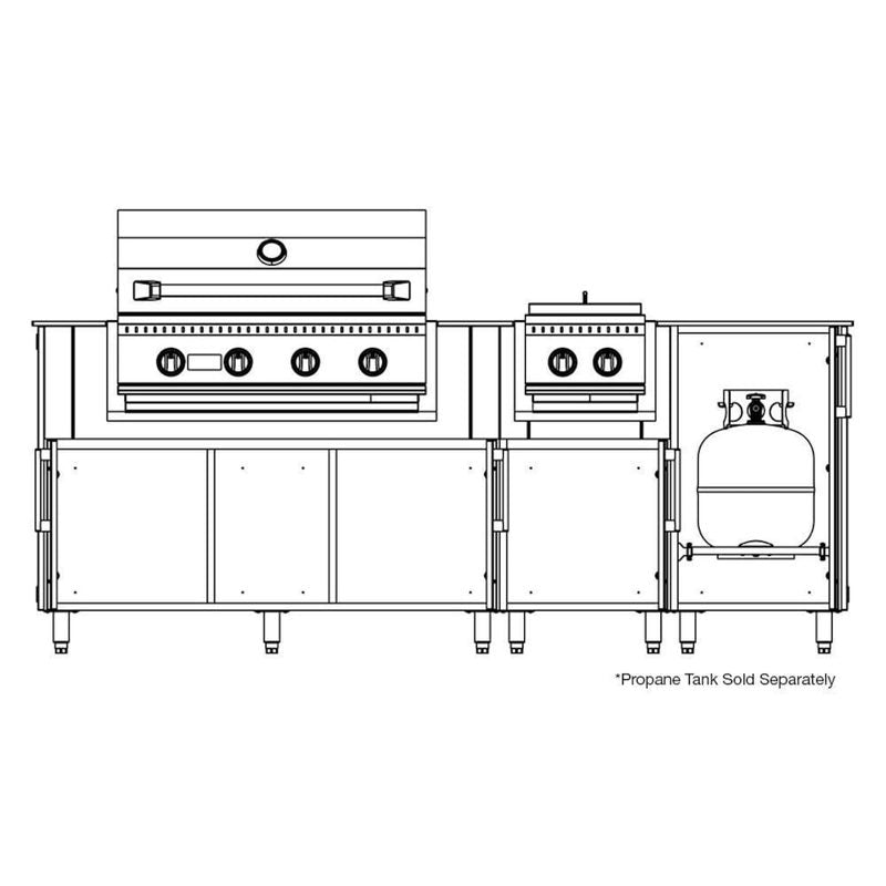 WeatherStrong Abaco outdoor kitchen island line drawing with Blaze grill, side burner and propane tank storage