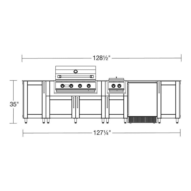 WeatherStrong Nassau 10 1/2 Ft outdoor kitchen island dimensions diagram - 128.5 inch overall width, 35 inch counter height