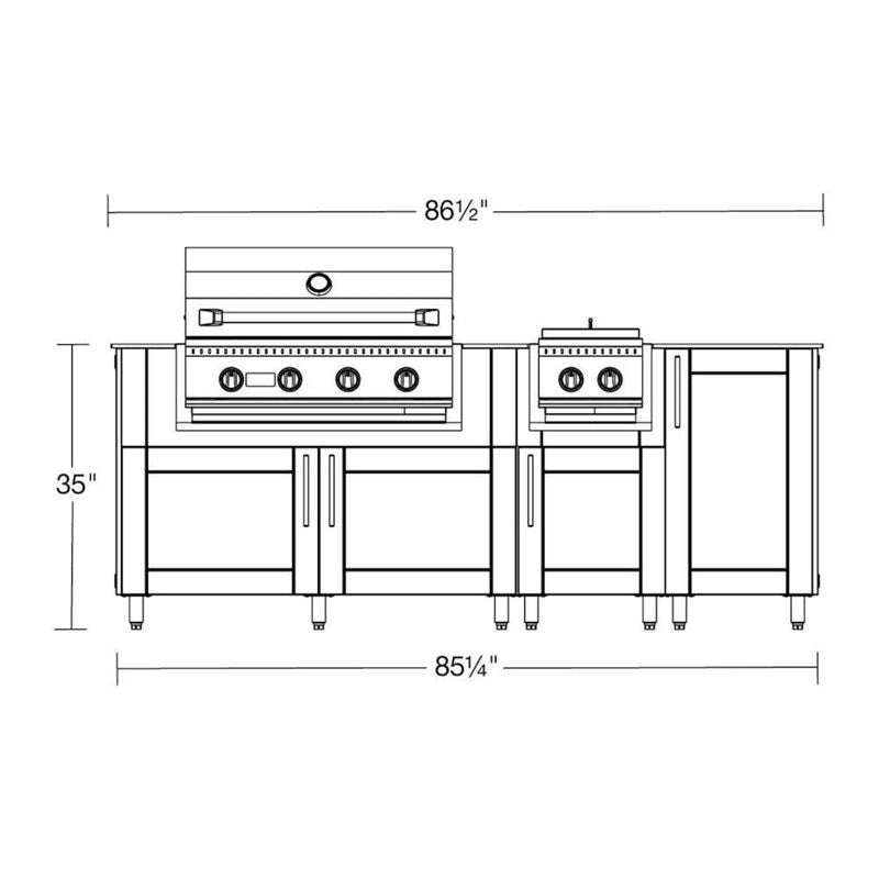 WeatherStrong Abaco 7 Ft outdoor kitchen island dimensions diagram - 86.5 inch overall width, 35 inch counter height