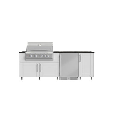 WeatherStrong Bimini 7 1/2 Ft outdoor kitchen island in Shell White with Blaze LTE+ 32-inch grill and refrigerator
