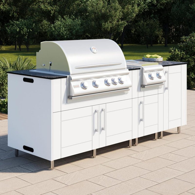 WeatherStrong Abaco 7 Ft outdoor kitchen island in Shell White with Blaze LTE+ 32-inch grill and double side burner