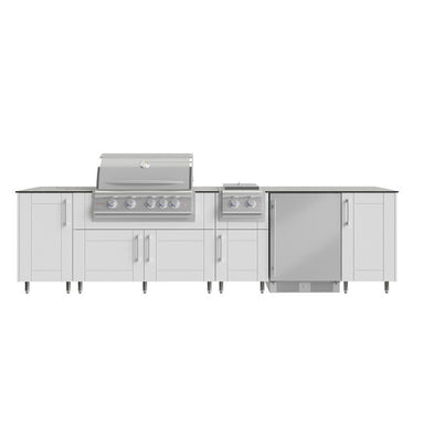 WeatherStrong Nassau 10 1/2 Ft outdoor kitchen island in Shell White with Blaze LTE+ grill, double side burner and refrigerator