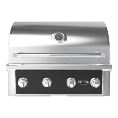 Wildfire Ember 32-inch built-in gas grill in black stainless steel, front view with chrome control knobs.