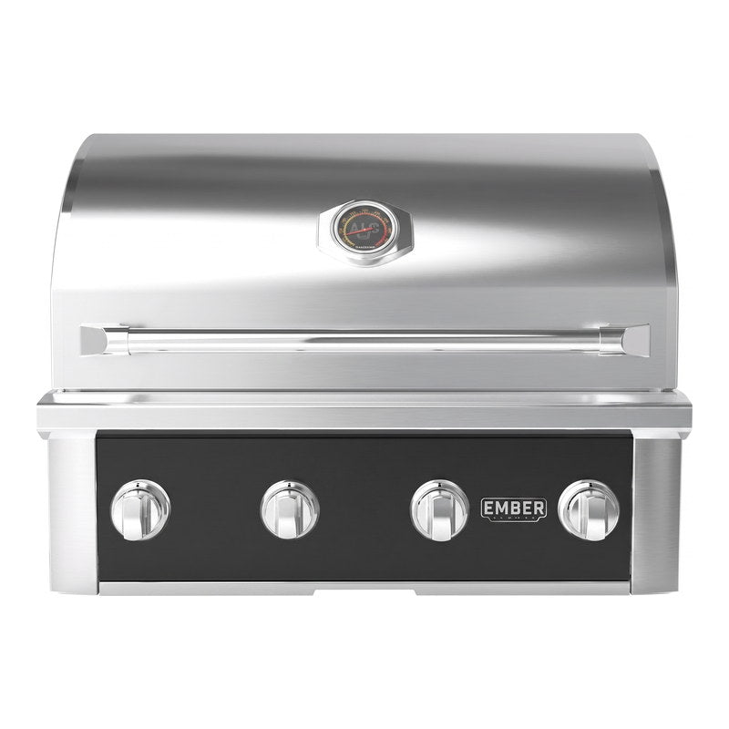 Wildfire Ember 32-inch built-in gas grill in black stainless steel, front view with chrome control knobs.