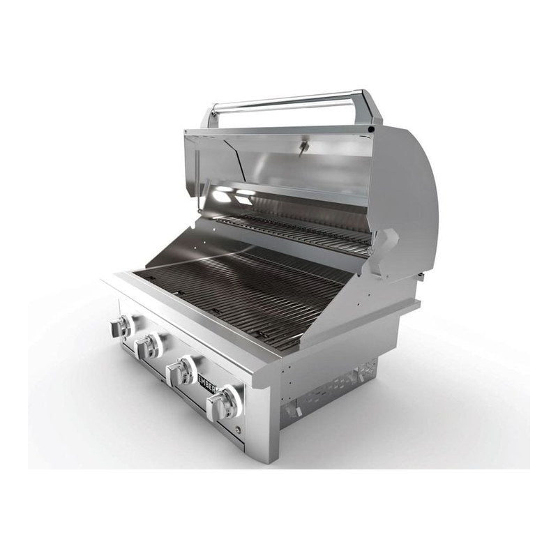 Wildfire Ember 32-inch built-in stainless steel gas grill, angled left view showing hood and control knobs.