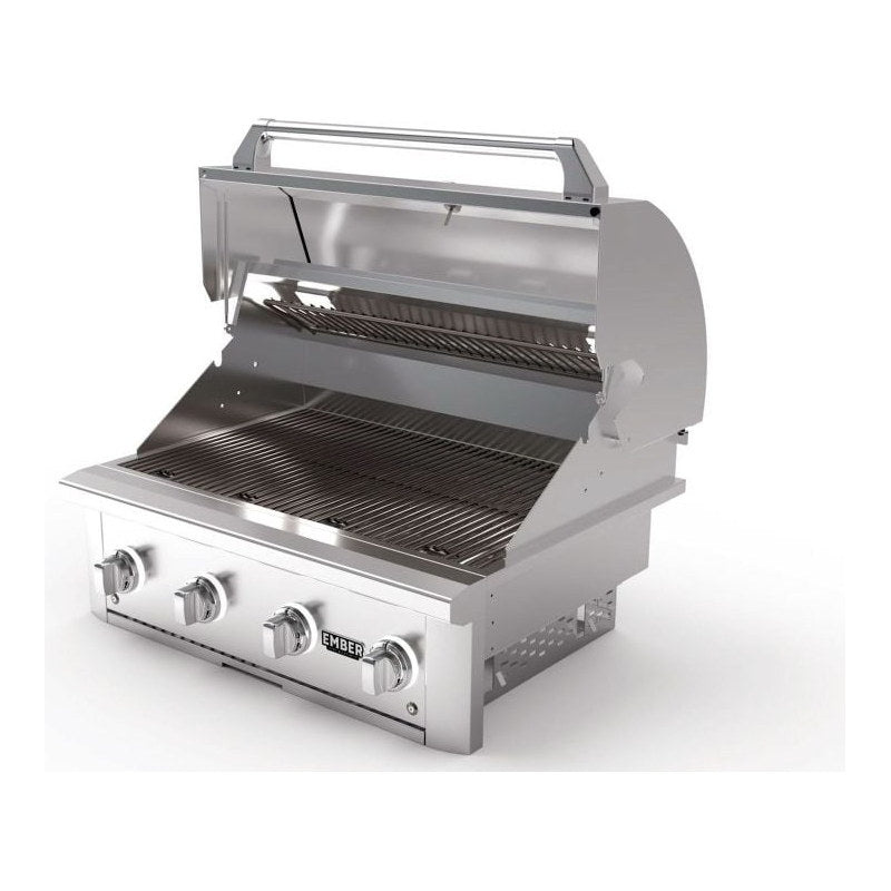 Wildfire Ember 32-inch built-in stainless steel gas grill, angled right view with the hood closed.