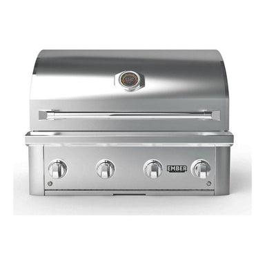 Wildfire Ember 32-inch built-in 304 stainless steel gas grill, angled view with the hood closed.