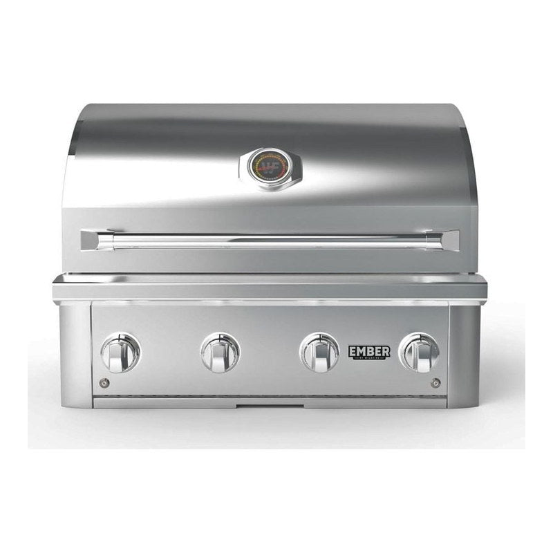 Wildfire Ember 32-inch built-in 304 stainless steel gas grill, angled view with the hood closed.