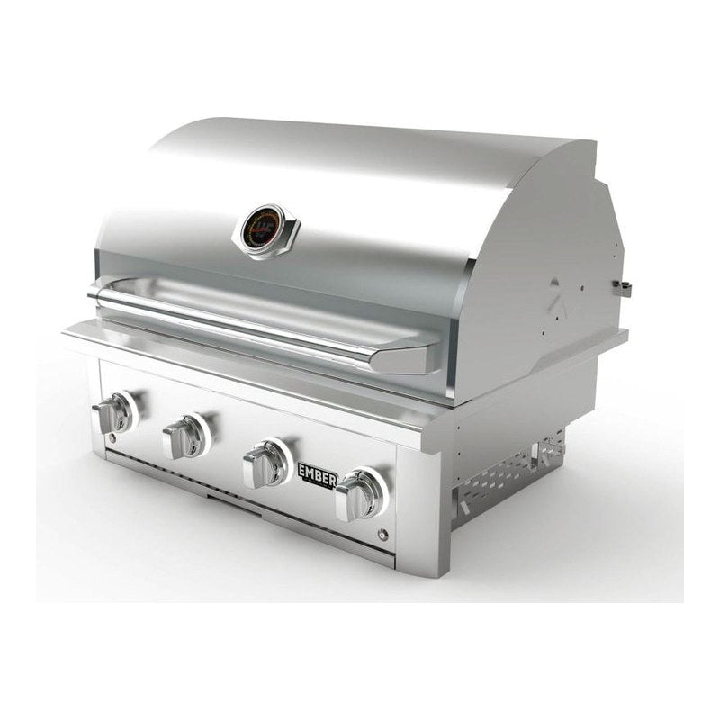 Wildfire Ember 32-inch built-in 304 stainless steel gas grill, straight-on front view with the hood closed.