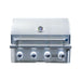 Wildfire Ember 32-inch built-in gas grill front view with the white LED illuminated control knobs lit.