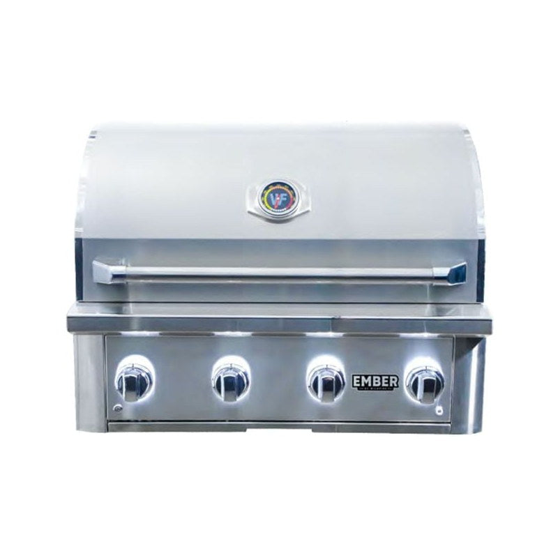 Wildfire Ember 32-inch built-in gas grill front view with the white LED illuminated control knobs lit.
