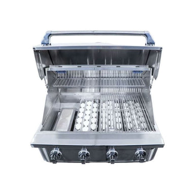 Wildfire Ember 32-inch gas grill with the hood open and grates removed, showing the ceramic briquette trays.