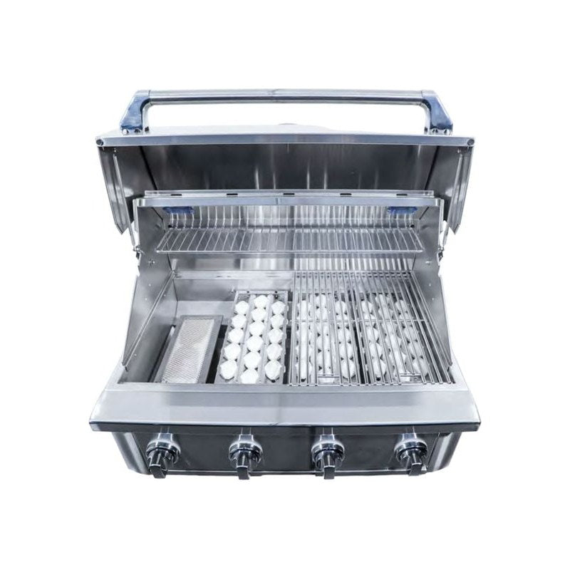 Wildfire Ember 32-inch gas grill with the hood open and grates removed, showing the ceramic briquette trays.