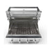 Wildfire Ember 32-inch gas grill with the hood open, showing stainless steel rod cooking grates and warming rack.