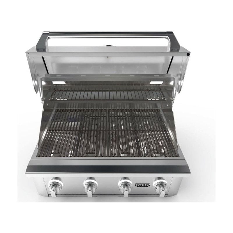 Wildfire Ember 32-inch gas grill with the hood open, showing stainless steel rod cooking grates and warming rack.