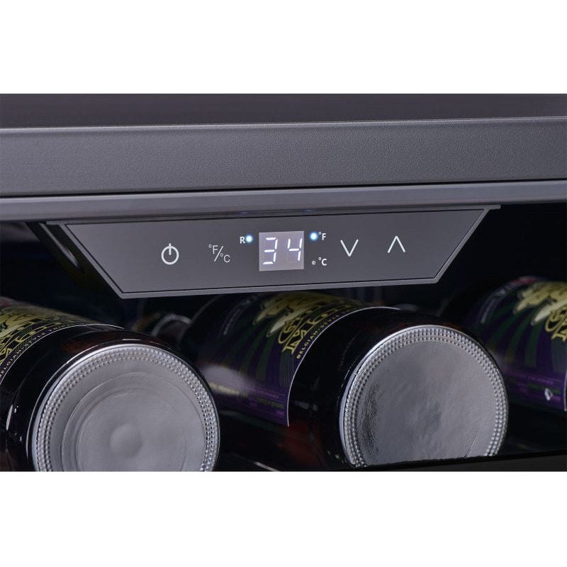 Zephyr Presrv outdoor beverage cooler capacitive touch control panel reading 34 degrees Fahrenheit above chilled cans.