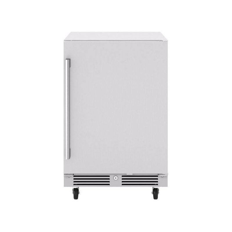 Zephyr Presrv 24-inch outdoor beverage cooler shown on the optional PRCAST-C001 caster set for freestanding installation.