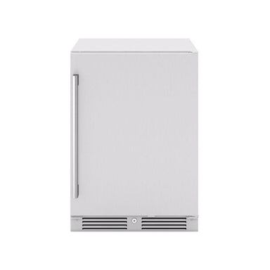 Zephyr Presrv 24-inch outdoor rated beverage cooler in stainless steel, front view with the door closed.