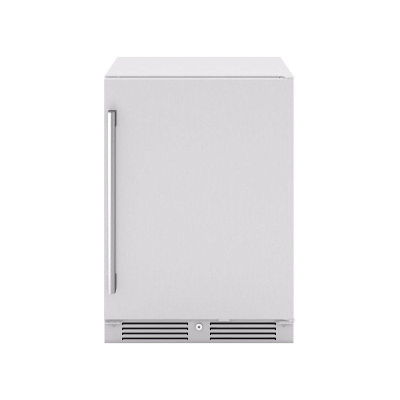 Zephyr Presrv 24-inch outdoor rated beverage cooler in stainless steel, front view with the door closed.