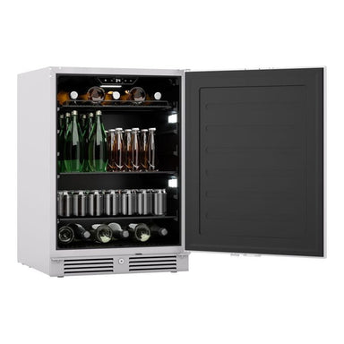 Zephyr Presrv 24-inch outdoor beverage cooler with the glass door open, showing bottles, cans and wine across LED lit shelves.