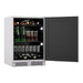 Zephyr Presrv 24-inch outdoor beverage cooler with the glass door open, showing bottles, cans and wine across LED lit shelves.