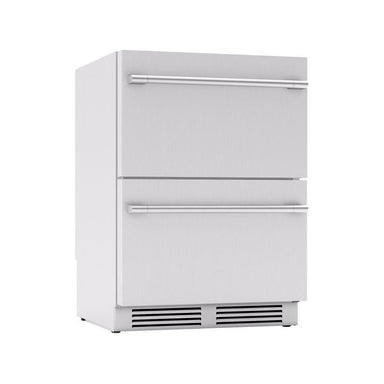 Zephyr Presrv 24-inch outdoor rated dual drawer refrigerator in stainless steel, angled front view showing both pro handles.