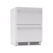 Zephyr Presrv 24-inch outdoor rated dual drawer refrigerator in stainless steel, angled front view showing both pro handles.