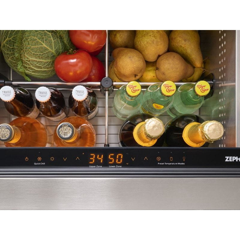 Zephyr Presrv dual drawer refrigerator stocked with produce and bottles, dual zone display shown in amber.