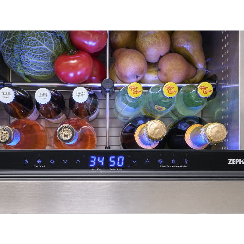 Zephyr Presrv dual drawer refrigerator stocked with produce and bottles, dual zone display shown in blue.