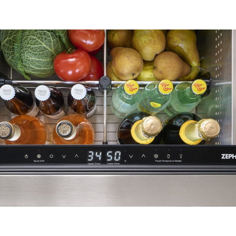 Zephyr Presrv dual drawer refrigerator stocked with produce and bottles, dual zone display shown in white.