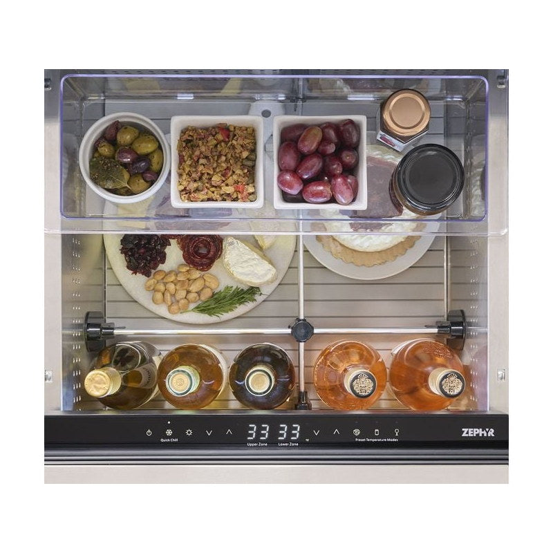 Zephyr Presrv dual drawer refrigerator holding serving platters and chilled bottles with both zones set to 33 degrees.