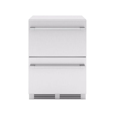 Zephyr Presrv 24-inch outdoor rated dual drawer refrigerator in stainless steel, front view with both drawers closed.