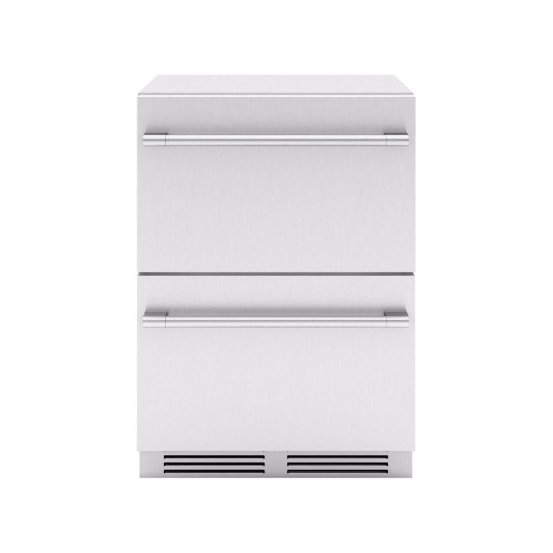 Zephyr Presrv 24-inch outdoor rated dual drawer refrigerator in stainless steel, front view with both drawers closed.