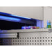 Zephyr Presrv dual drawer refrigerator interior LED strip set to Deep Blue above jars and bottles on the drawer rail.