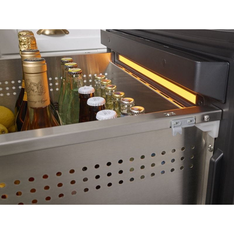 Close-up of the amber perimeter LED lighting along the drawer opening of the Zephyr Presrv dual drawer refrigerator.