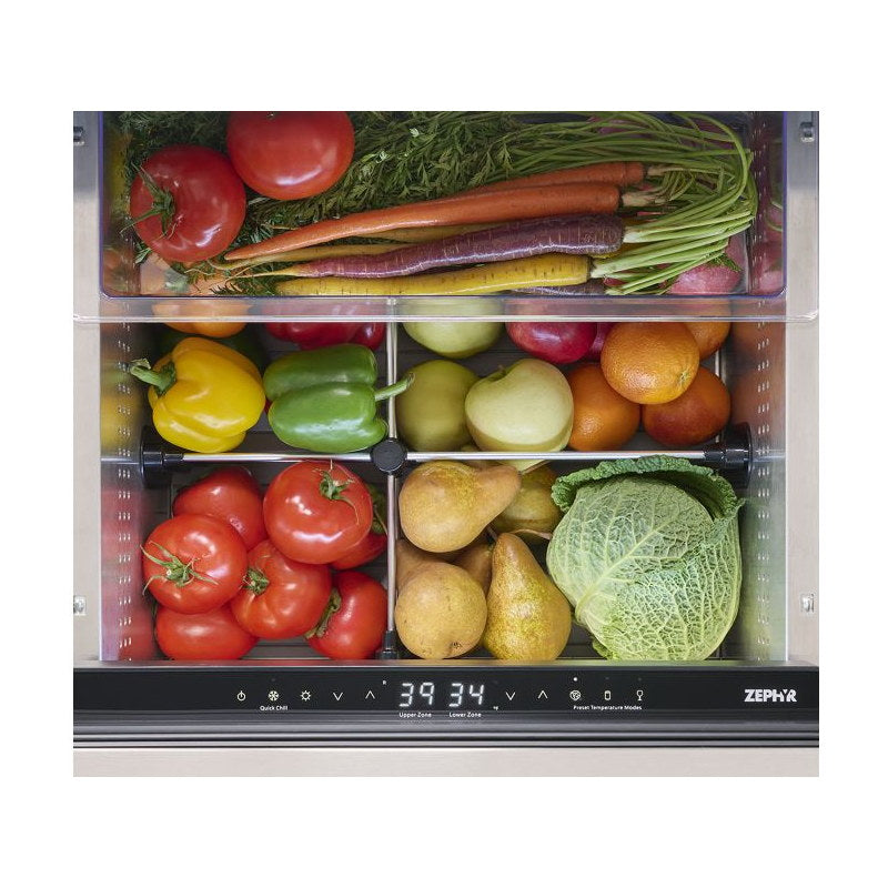 Zephyr Presrv dual drawer refrigerator filled with fresh produce, control panel showing upper zone 39 and lower zone 34 degrees.
