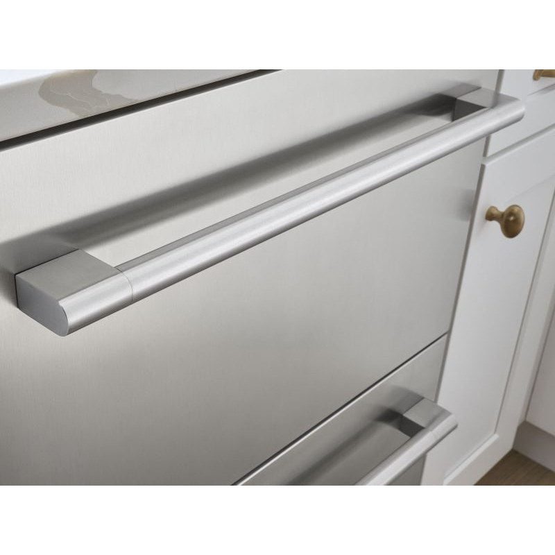 Close-up of the brushed stainless steel pro bar handles on the Zephyr Presrv dual drawer refrigerator.