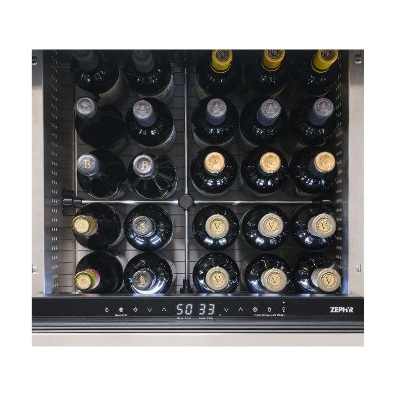 Zephyr Presrv dual drawer refrigerator loaded with wine bottles, control panel showing upper zone 50 and lower zone 33 degrees.