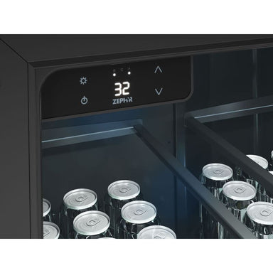 Zephyr Presrv outdoor kegerator capacitive touch control panel reading 32 degrees Fahrenheit above a shelf of chilled cans.