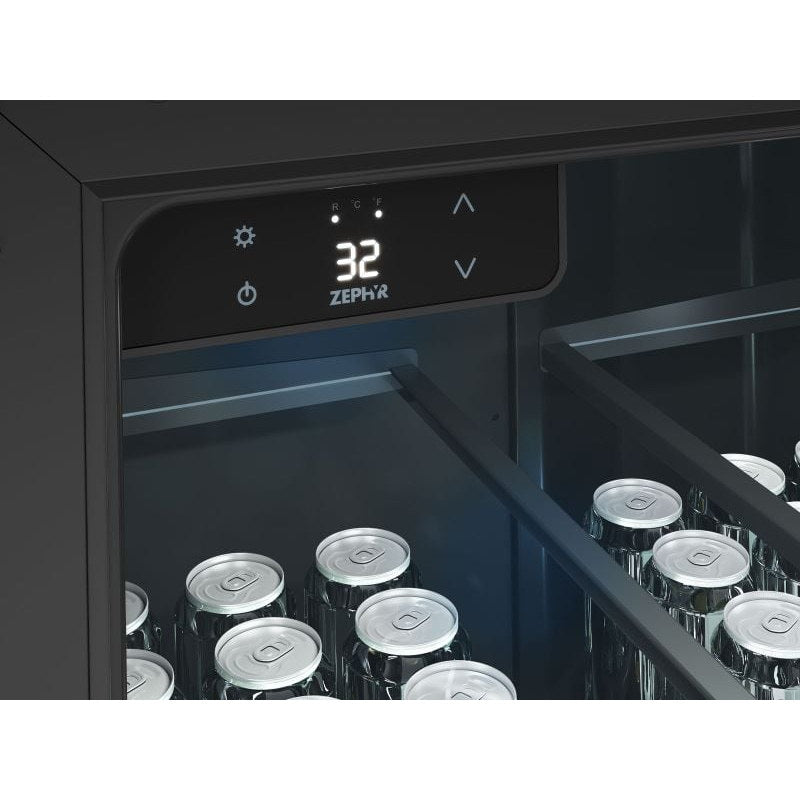 Zephyr Presrv outdoor kegerator capacitive touch control panel reading 32 degrees Fahrenheit above a shelf of chilled cans.