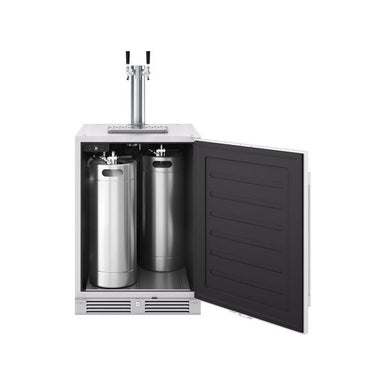 Zephyr Presrv double tap kegerator with the door open, two faucet tap tower and two slim kegs installed.